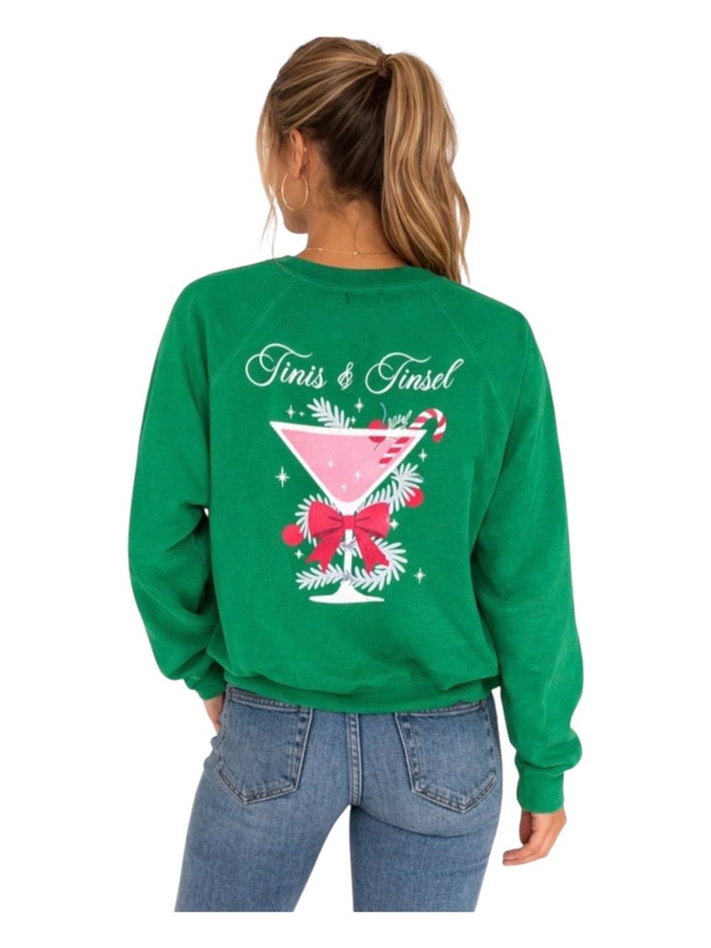 Wildfox Tinis & Tinsel Christmas Sweatshirt Green Graphic Holiday M NWT